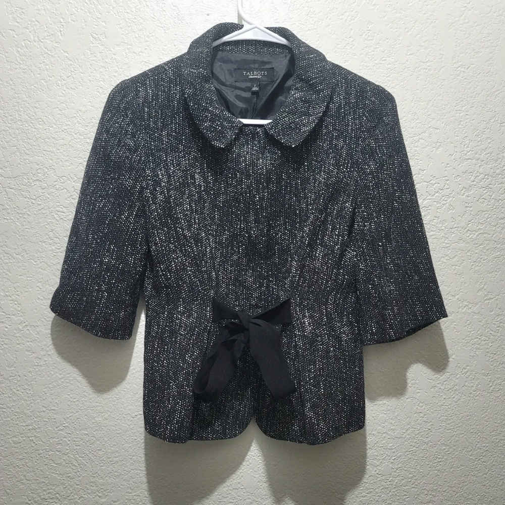 Talbots Size 2 Black White Marled Tweed Snap Button Tie 3/4 Sleeve Womens Blazer